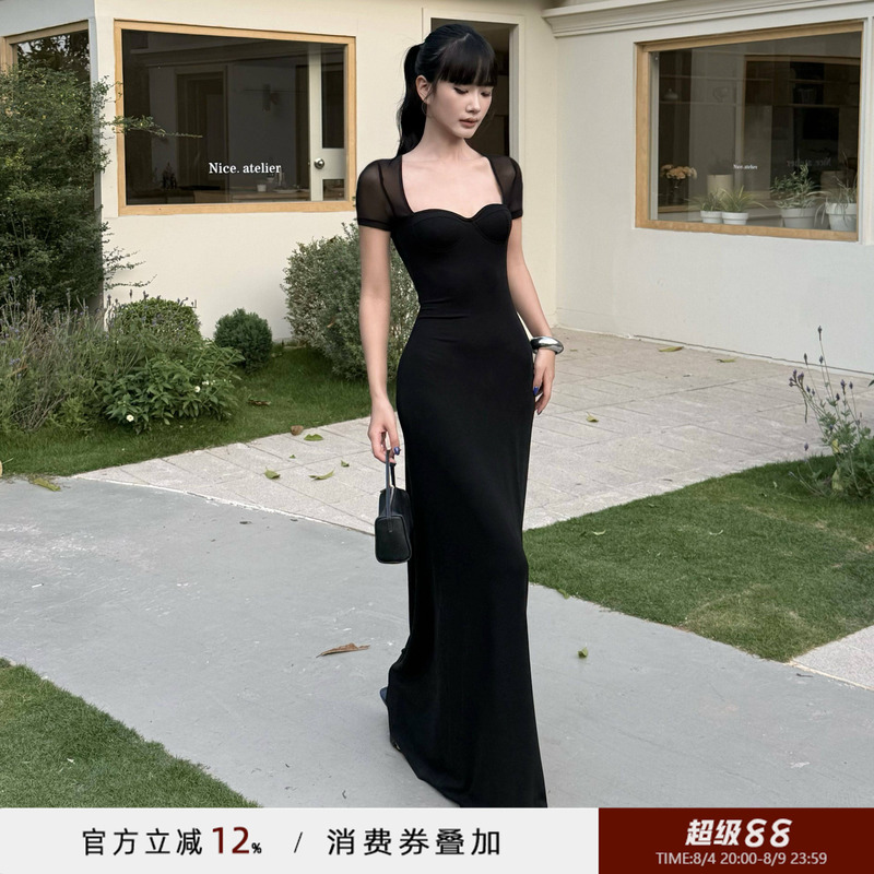 Venuie Hepburn-Style Black Waist-Cinching Dress Fishtail Skirt High-End Evening Dress Square-Neck Elegant Birthday Long Dress for Women