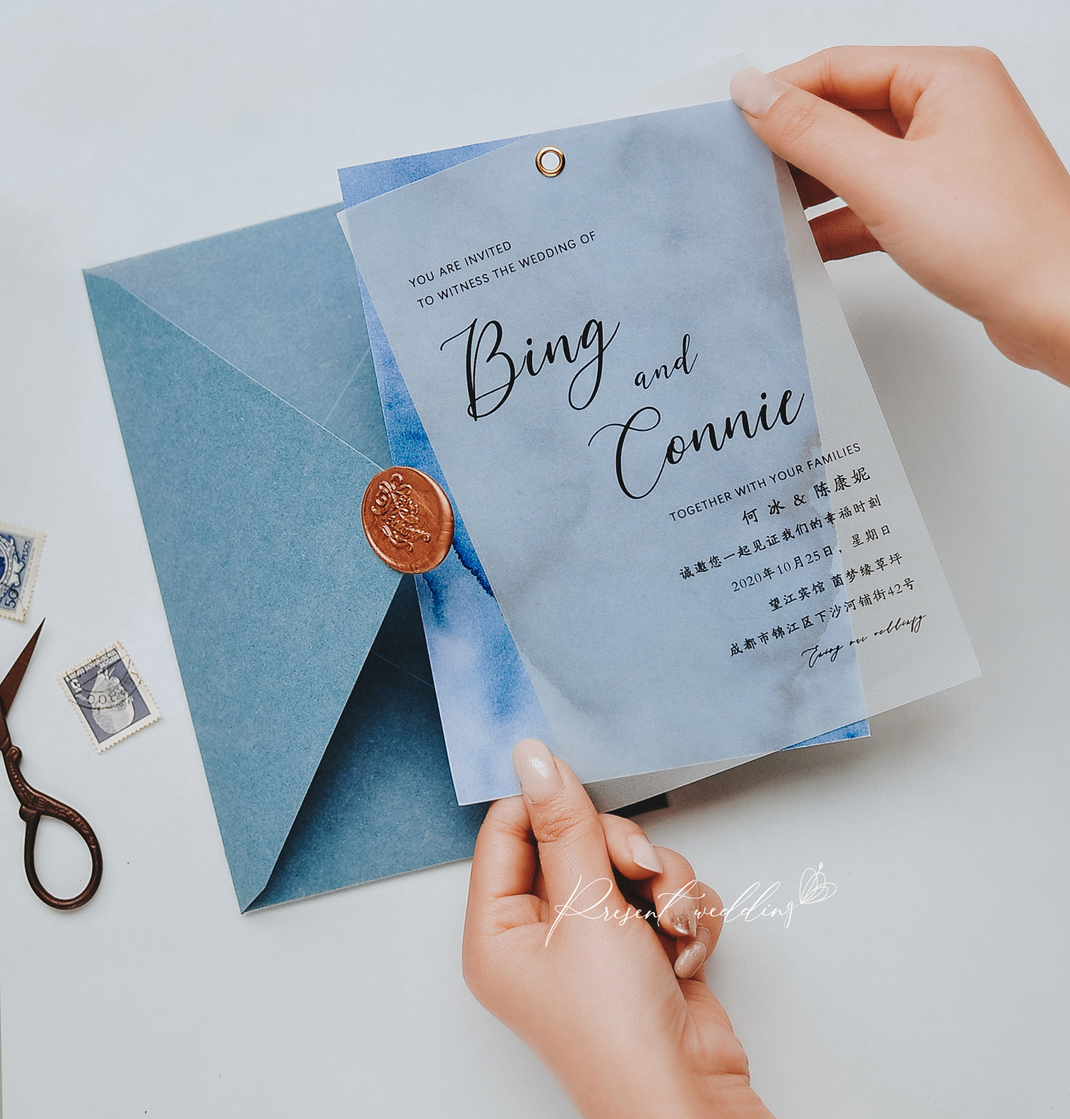 Ins新品網紅婚品簡約藍灰色霧霾藍色婚禮請帖商務邀請函裏物原創