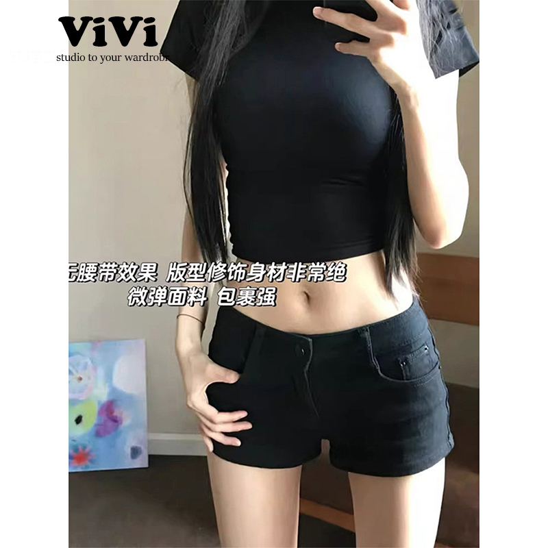 American-Style Spicy Girl Low-Waist Tight Black Denim Shorts for Women, 2026 Summer New Elastic Hip-Hugging A-Line Hot Pants