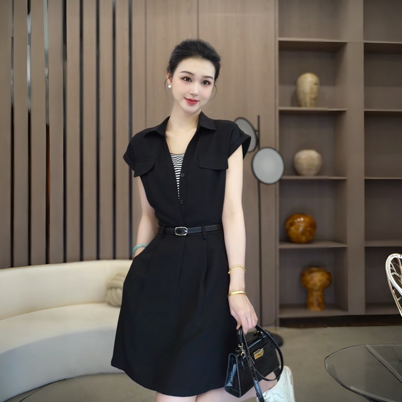 Summer New Style High-End Fake Two-Piece Shirt Dress, Stylish Waist-Cinching Slimming Design Dress 7472