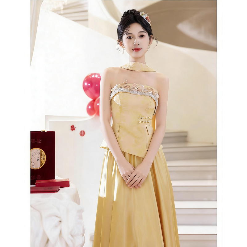 Gold-Colored Strapless Evening Gown for Women, High-End Luxury Niche Design, Engagement Satin Dress, Bridal Robe
