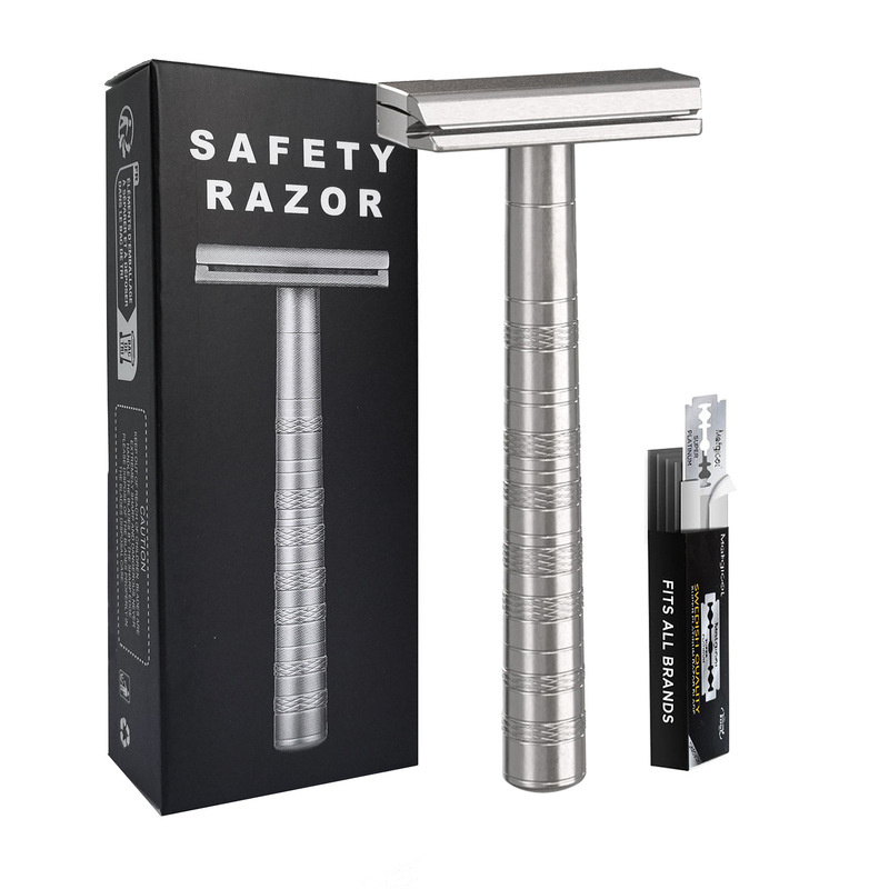 Stainless Steel Double-Edged Safety Razor, Comes with 5 Spare Blades, 30 ° Angle-Adjustable Razor