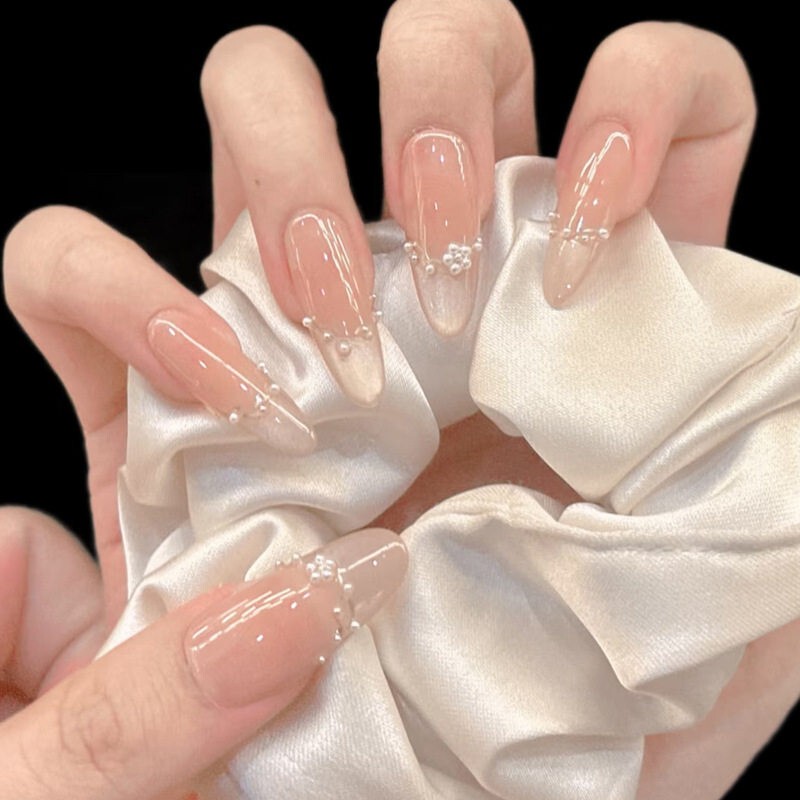 Celebrity Style Ins-Style Long Almond-Shaped Nail Tips with Pearl and Rhinestone Decoration, Ready-To-Wear Nail Art Nail Stickers