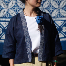 Blue sequel white ethnic zstained cotton linen Short Wax Dyeing Spring Autumn Season Unique Retro Wind Jacket Pure Natural Plant Dyeing