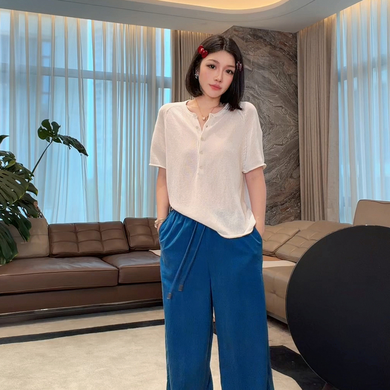 Me【Japanese Paper Yarn Henley Shirt】Natural Linen and Paper Yarn Striped Knit Shirt Mehs3303