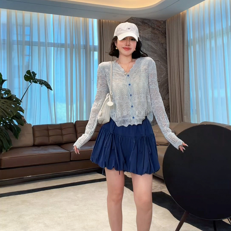 Me Lao Yang's Clothing Tencel Linen Hollow Breathable Sun-Protective Knitted Cardigan Summer Thin Outerwear Blue Blouse