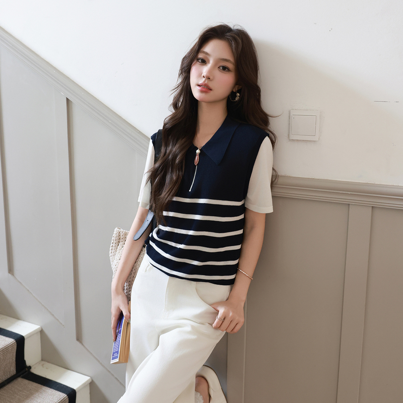 Me Lao Yang's Clothing Brand Massa Polo 100 Tencel Luxury Brand Style Faux Two-Piece Skin-Friendly Fashionable Knit Short-Sleeve T-Shirt for Women