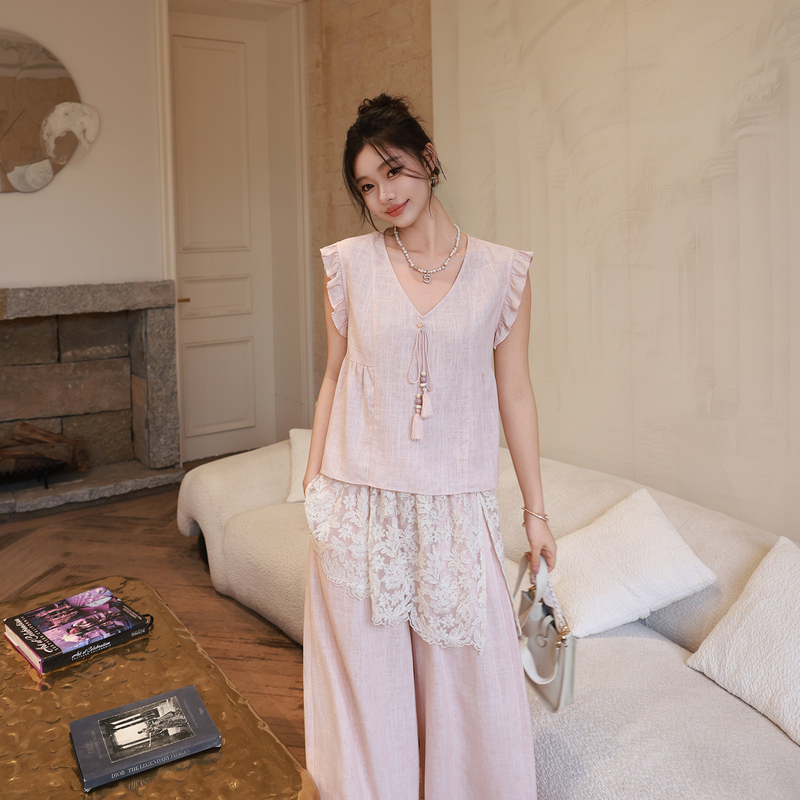 Me Lao Yang's Clothing Set: Linen Ruffled Elegant Top and Hip-Covering Slimming Casual Pants Two-Piece Set