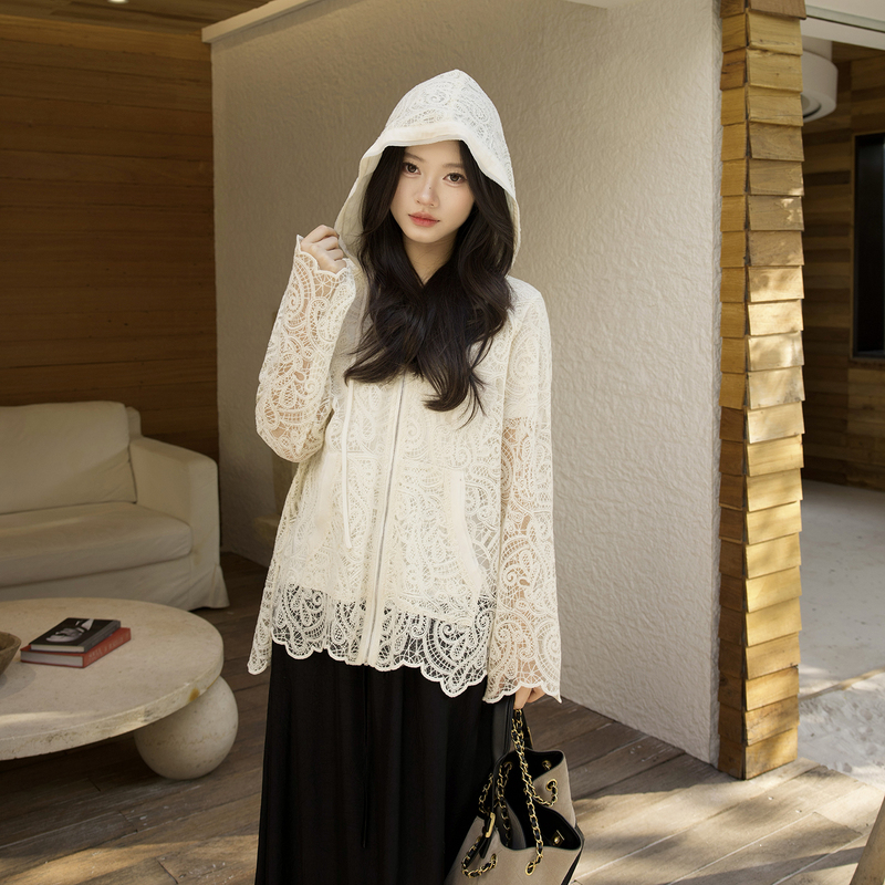 Lao Yang's Private Collection/Lace Hoodie, Heavy Lace Water-Soluble Floral Fashionable Hooded Cardigan, Sun Protection Jacket for Women