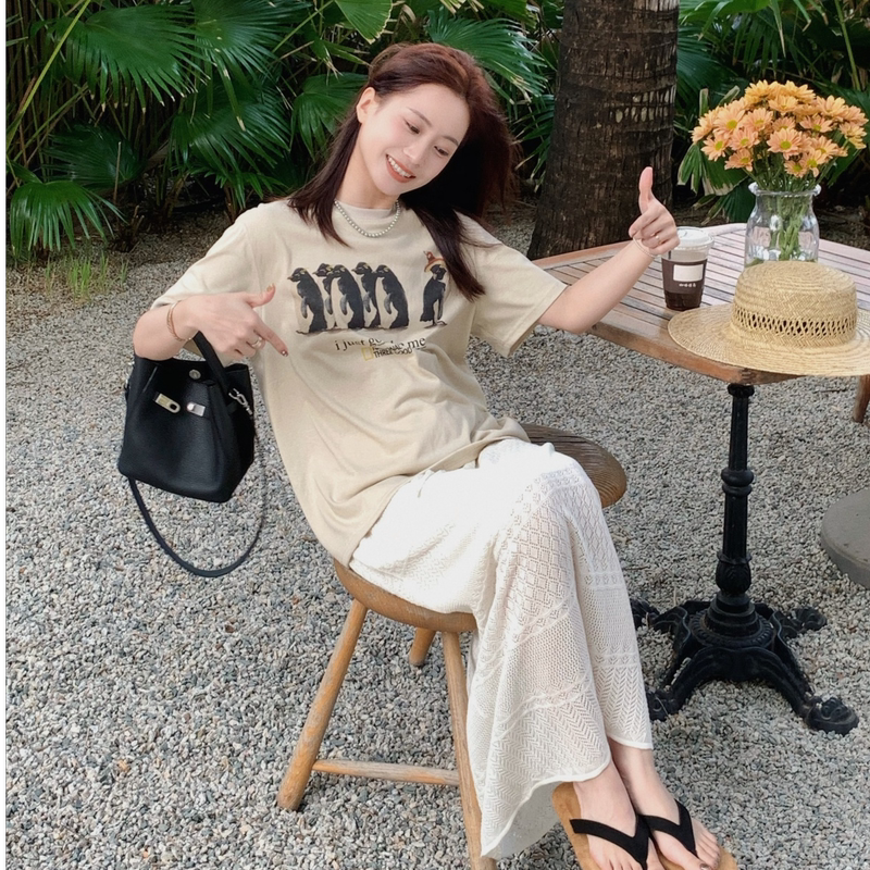 Suncc LAOSHU Penguin Tee Summer Casual Versatile Print Fresh Slimming Korean Style T-Shirt