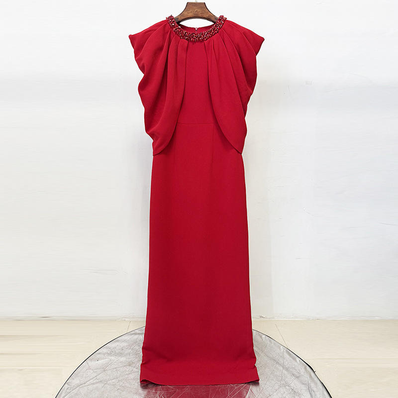 Celebrity Evening Dress Long Gown 2026 Batwing Sleeve Shawl Sleeve Slim Fit Beaded Red Long Dress Celebrity Evening Dress Long Gown 2026 Batwing Sleeve Shawl Sleeve Slim Fit Beaded Red Long Dress