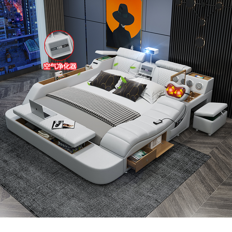 Smart Massage Tatami Leather Bed Master Bedroom Multifunctional Large Bed Modern Simple Projector Wedding Bed 2025 New Model