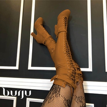 burju-Leilani coarse heel brown high heel jazz long boots heels lace high heel shoes