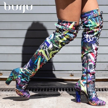 burju-Leilani coarse heels with graffiti high heel jazz long boots heels lace high heel shoes