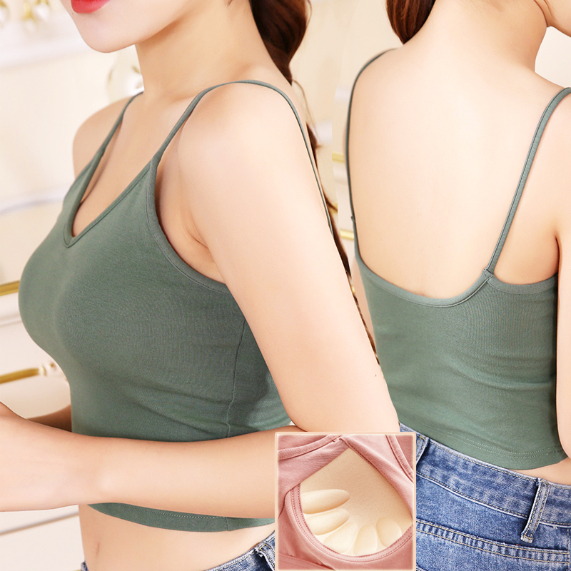 Beautiful back strap with chest pad exposed navel camisole avocado green underwear one-piece bra tube top with pure cotton summer