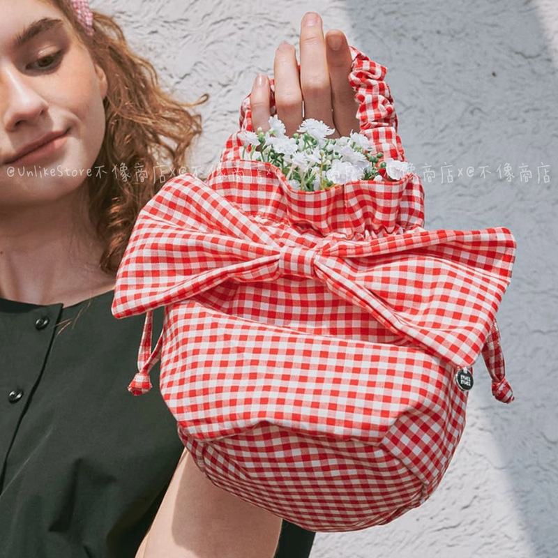 Korean Niche Brand Jenny Kim's Same Style Pastoral Plaid Bow Handbag, Sweet Holiday Bag for Girls