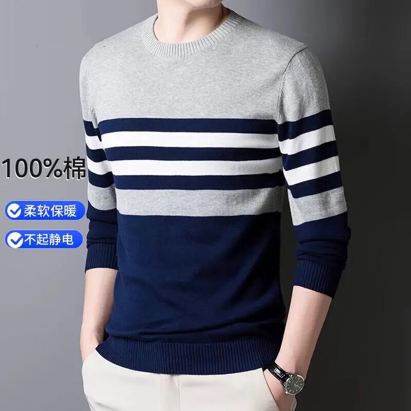 100% Cotton Striped Sweater for Men, Spring and Autumn Knitwear, New Korean Style Round Neck Pure Cotton Base Shirt, Warm Sweater