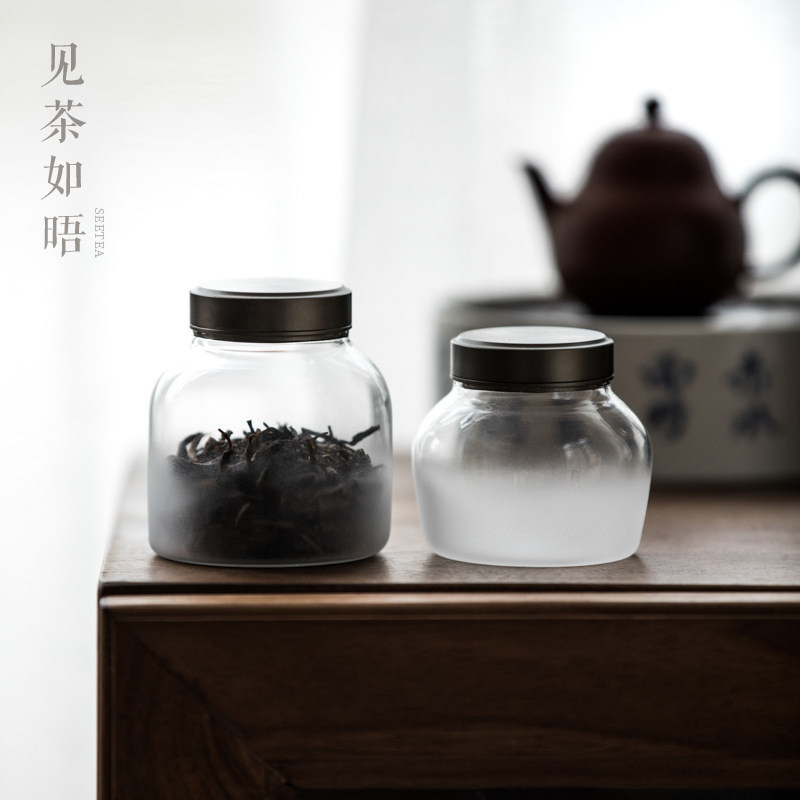 Glass storage tea pot frosted sealed storage tank transparent aluminum cover Pu'er tea cake tea warehouse size portable storage tank