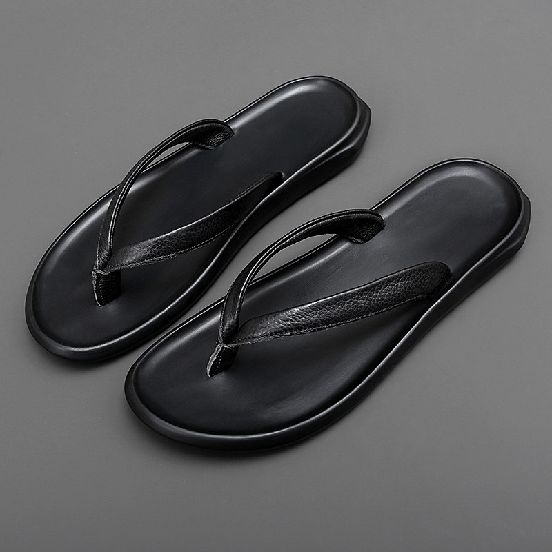 Top layer cowhide flip flops for men summer men's non-slip splint outer wear black beach genuine leather flip flops summer style