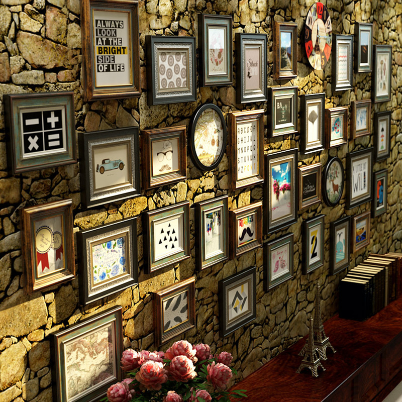Luxurious Solid Wood Background Wall, American-Style Photo Wall, Vintage Photo Frame Wall Design, European-Style Living Room Photo Extra-Large Combination