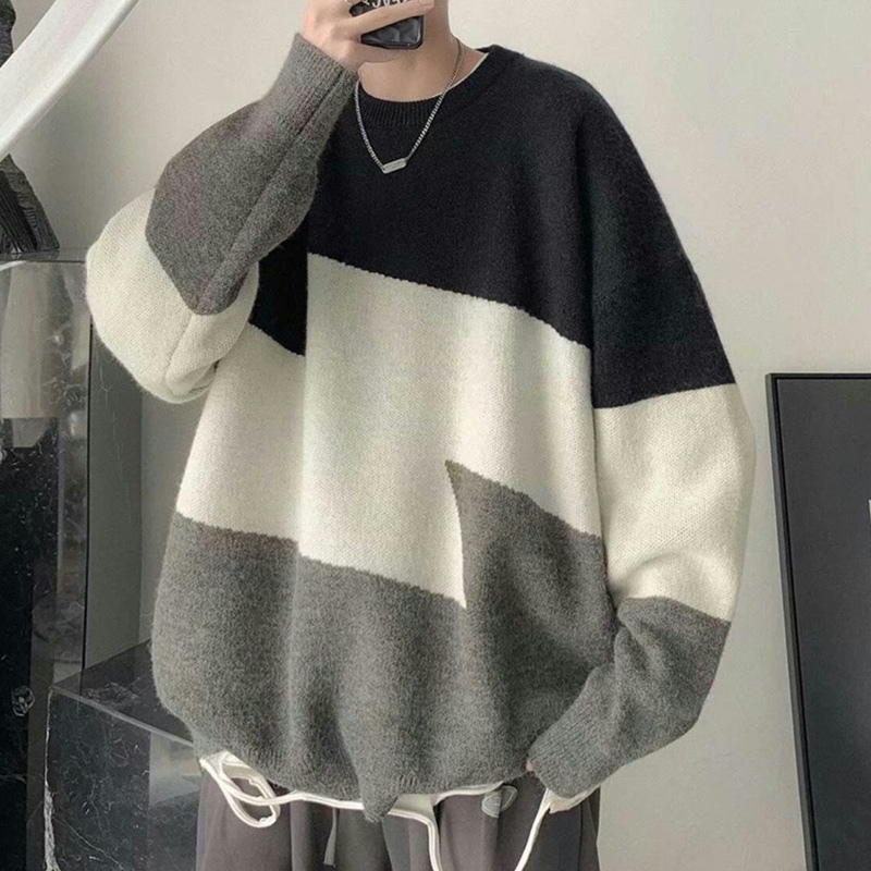 Color-Blocked Round-Neck Sweater for Men, Autumn and Winter Korean Style Trendy Couple's Hong Kong Style Loose Casual Knitted Sweater Jacket