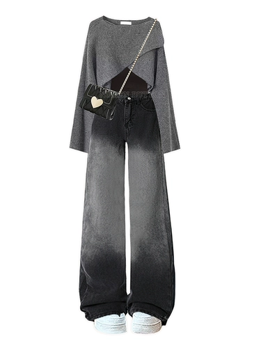 Осенний джинсовый комплект, трикотажная майка, свитер, приталенные штаны, большой размер, высокая талия, 3 предмета