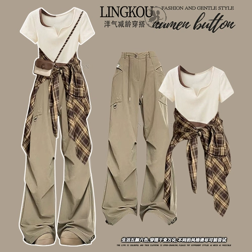 Модный комплект, дизайнерская футболка с коротким рукавом, рубашка, штаны, тренд сезона, защита от солнца