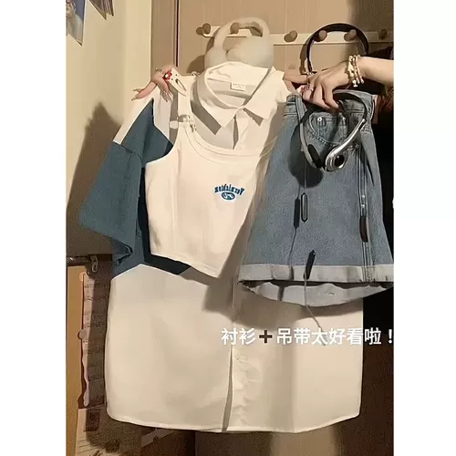 Летняя одежда, комплект, рубашка, джинсовая юбка, шорты, подходит для подростков, 3 предмета