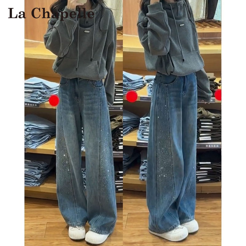 La Chapelle Retro Blue Rhinestone Curved Hem Jeans for Women 2026 Spring/Summer New Starry Thin Wide-Leg Pants