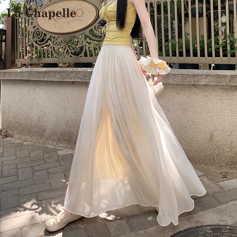 ラ・シャペルのフレンチスタイルのプリーツスカート、夏の細身スタイル、大きなスイングAラインメッシュスカート、アイスシルクシフォンスカート