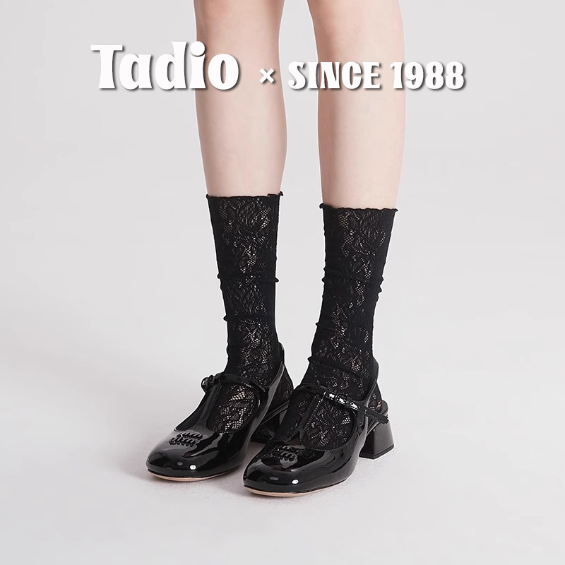 Japanese Noih Thin Breathable Slouch Socks with Hollow Vintage Lace Pattern Mid-Calf Socks Spring and Summer Black Socks for Women