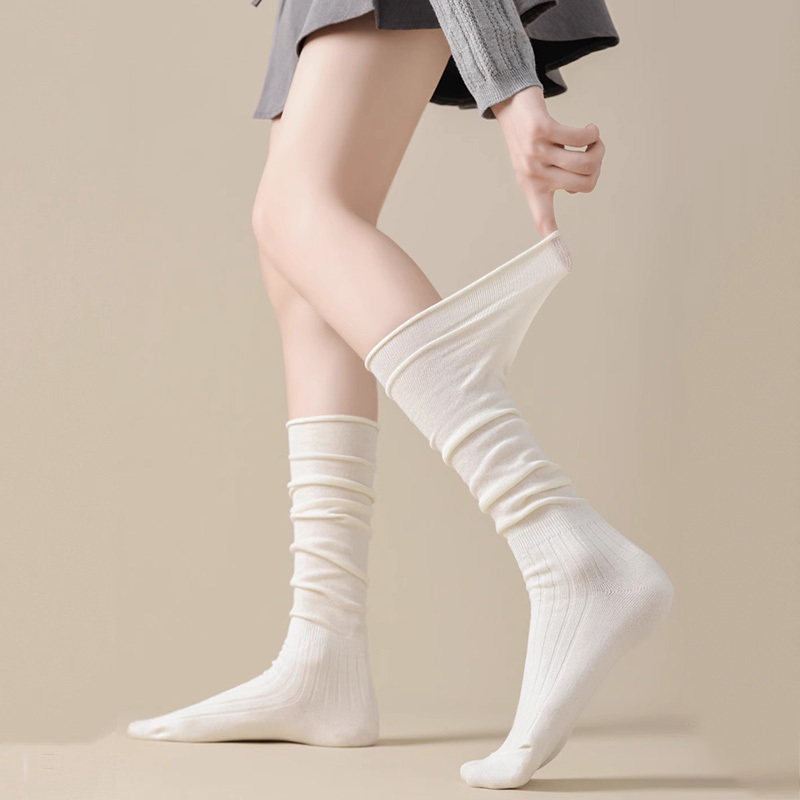 Japanese Noih White Calf-High Socks for Women, Summer Long Socks, Mid-Calf Socks, Pure Cotton, Suitable for Spring and Autumn, Paired with Short Boots, Long Socks