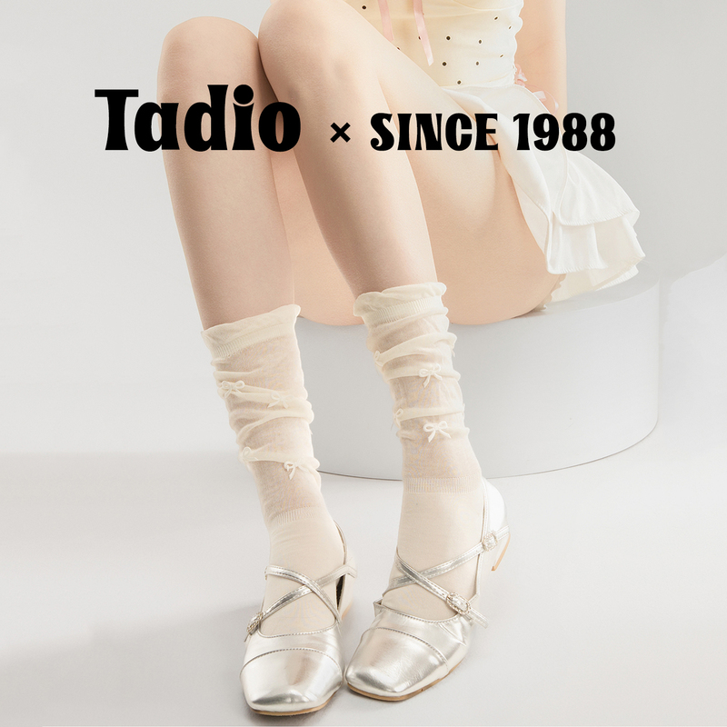 Japanese Noih Bow-Knot Rolled Edge Slouch Socks, Summer Thin Miu-Style Socks for Women, Ballet Style White Mid-Calf Socks