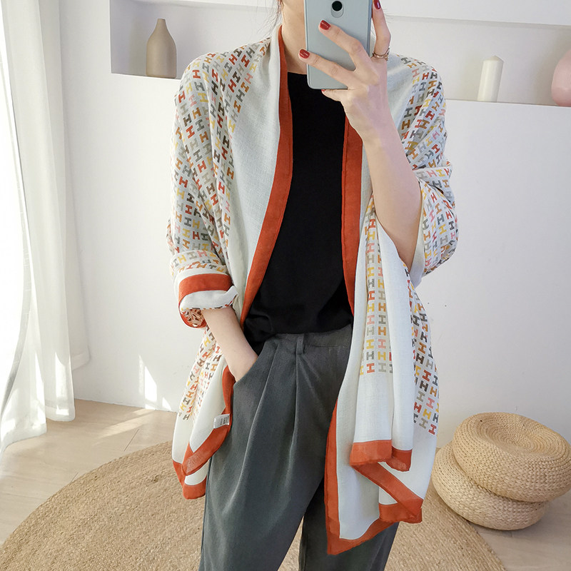 Scarf Woman Spring Autumn Slim cotton linen Exterior Lapped Korean version 100 Lapped Foreign Pie Silk Scarf Long Version of Air-conditioned Room Clothed Shoulder