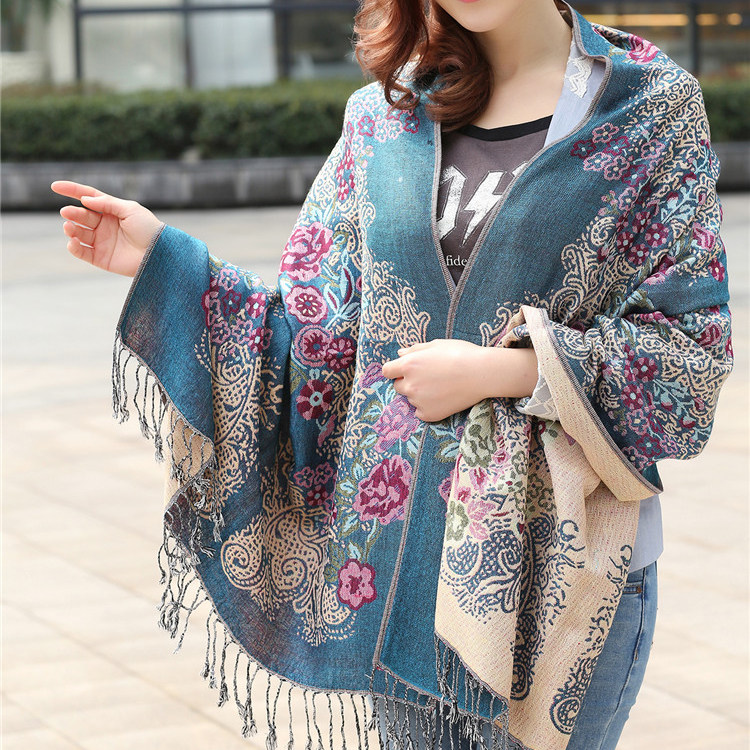 Winter scarf shawl dual-use spring and autumn Yunnan Lijiang ethnic style shawl double-sided autumn and winter cotton and linen scarf female retro