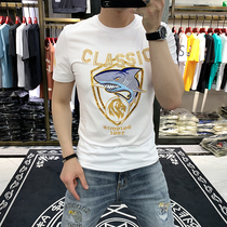 European station Tide brand letter shark hot diamond T-shirt summer male round collar slim short sleeve trend handsome half sleeve
