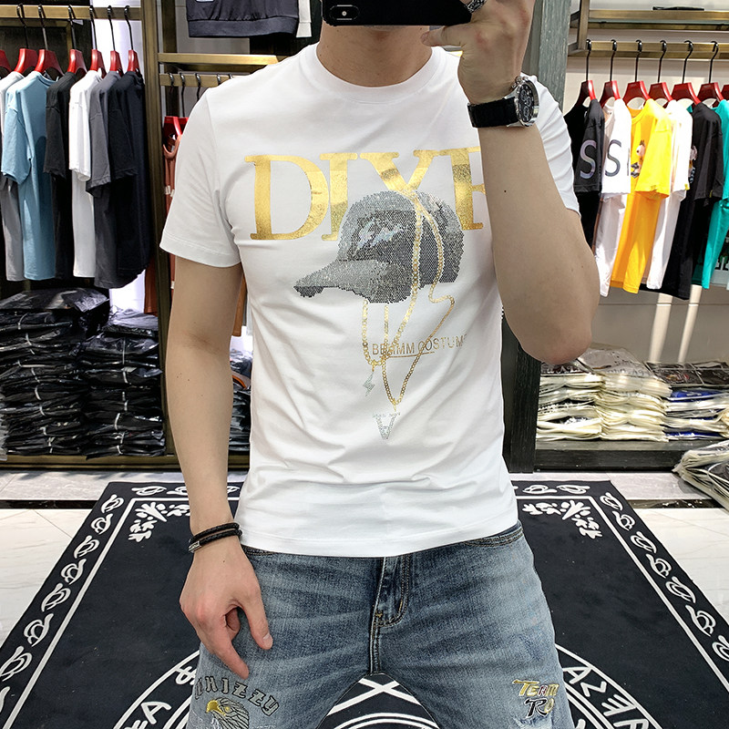 European station trendy brand short-sleeved T-shirt men's summer new self-cultivation trend personality letters hot diamond printing round neck half-sleeves