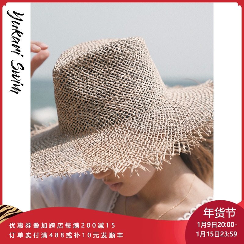 YUKARI Beach Straw Hat Women's Seaside Vacation Big Brim Sunshade Sunscreen Face Cover Hat Spring and Summer Sun Hat
