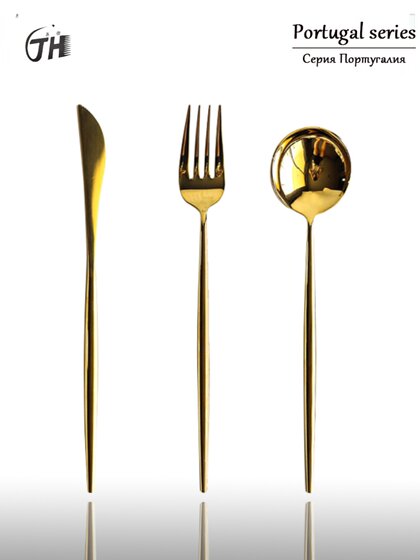 Internet-Famous Portuguese Gold Mirror Finish 304 Stainless Steel Steak Knife, Fork, Spoon, Chopsticks 2-Piece Set Western Cutlery Dessert Knife, Fork, Soup Spoon