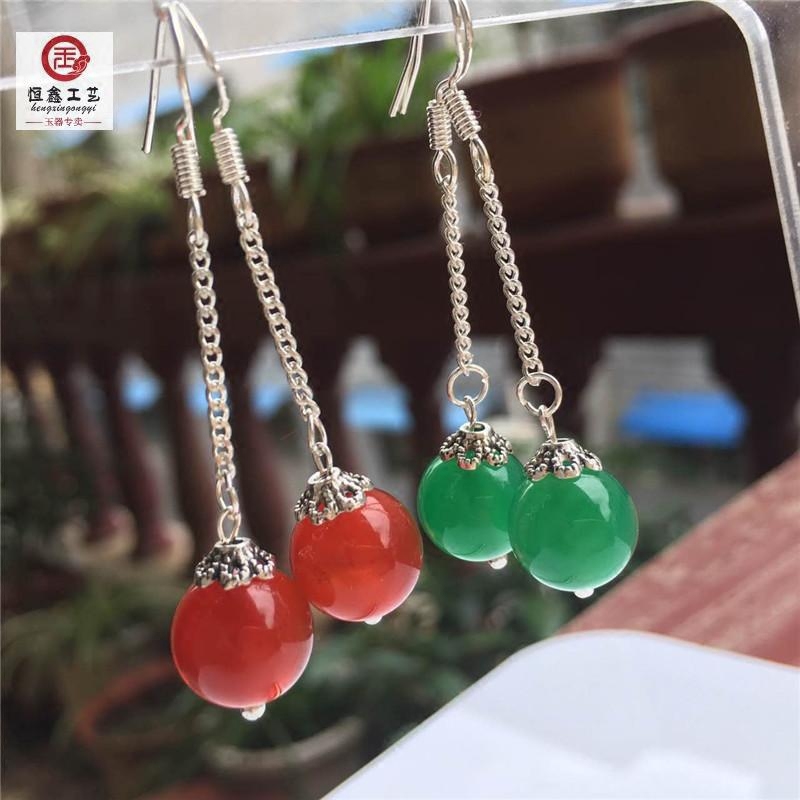 Natural agate jade medullary length earrings S925 pure silver inlaid transfer round beads ear pendant red green anti-allergy-Taobao