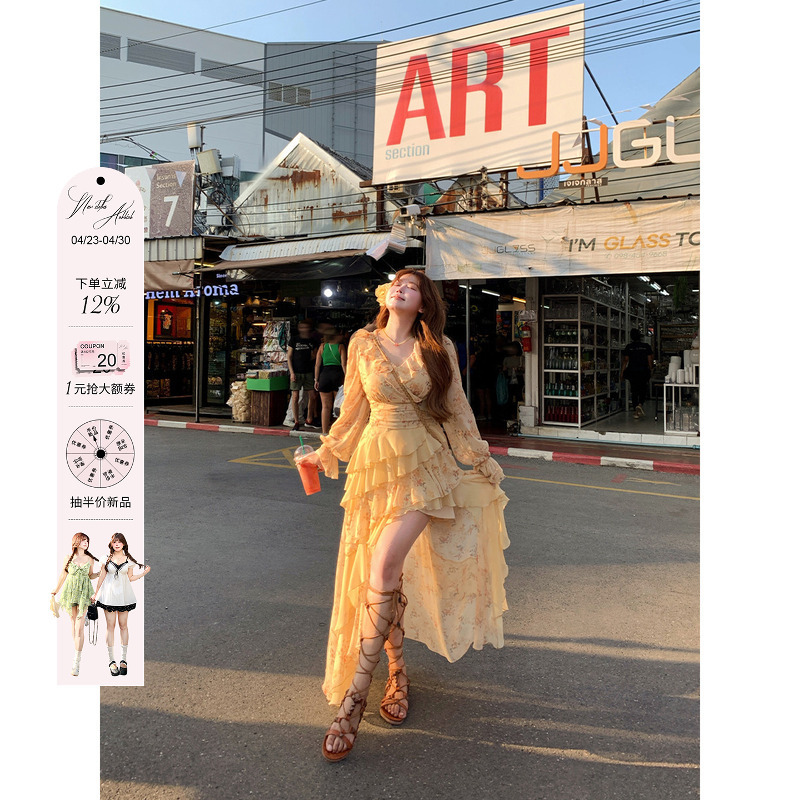 Annie Is Not Popular. Floral Ruffled V-Neck Chiffon Vacation Dress for Women, Spring, Slightly Plus Size, Irregular Long Skirt