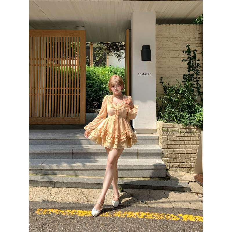 Annie Is Not Popular, but This Dress Features Ruffled Tulle and Lace Trim, Suitable for Women with a Slightly Plump Figure, Plus Size, Gentle Long-Sleeved Short Dress