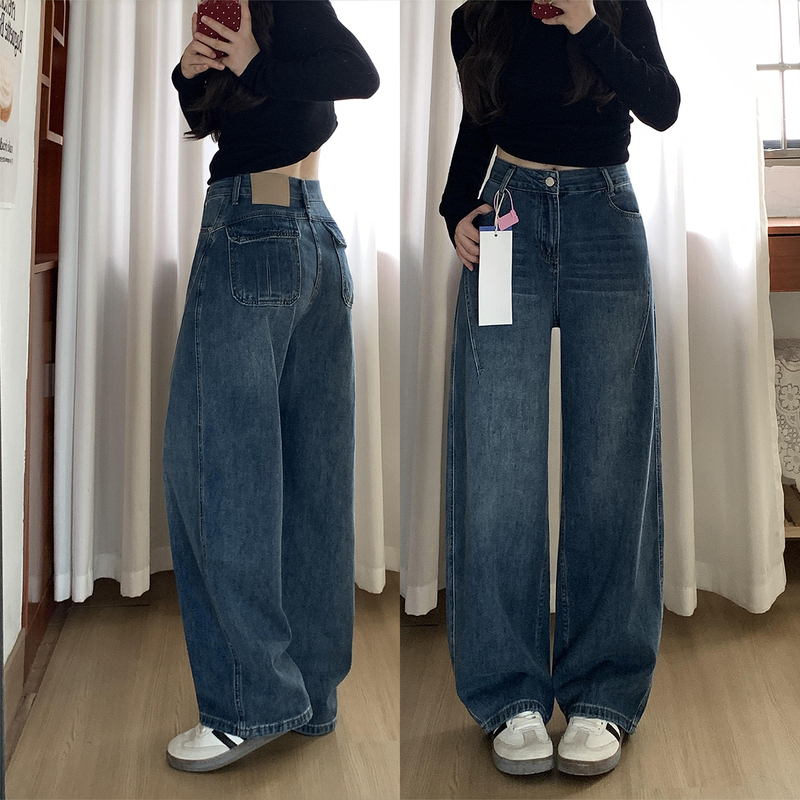 American Retro Straight-Leg Jeans for Women, New Autumn Style, Plus Size, High-Waisted, Loose, Slimming, Wide-Leg Scimitar Pants