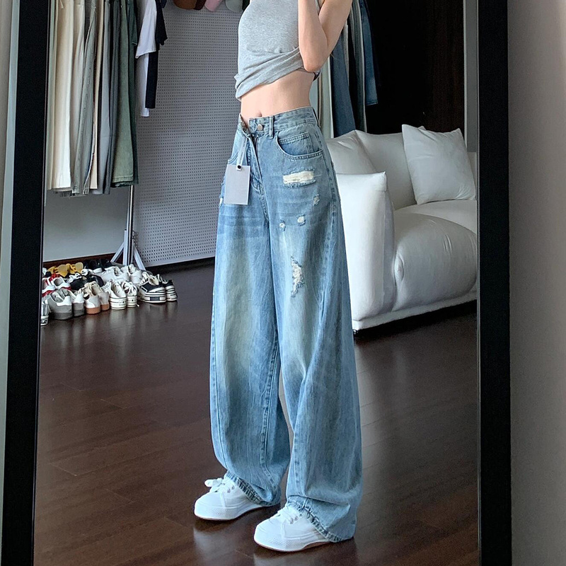 American-Style Blue Ripped Wide-Leg Jeans for Women, New Spring Collection, Plus Size, High-Waisted, Loose, Slimming, Straight-Leg Pants