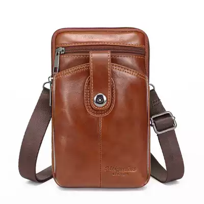 2018 new men's leather mini crossbody bag 7 inch running bag wear belt wax cowhide leather retro mobile phone bag