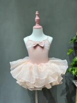 Girls fine cotton Childrens Day performance clothes with suspenders and spliced mesh powder jumpsuits with tutu skirts and cute dance practice clothes