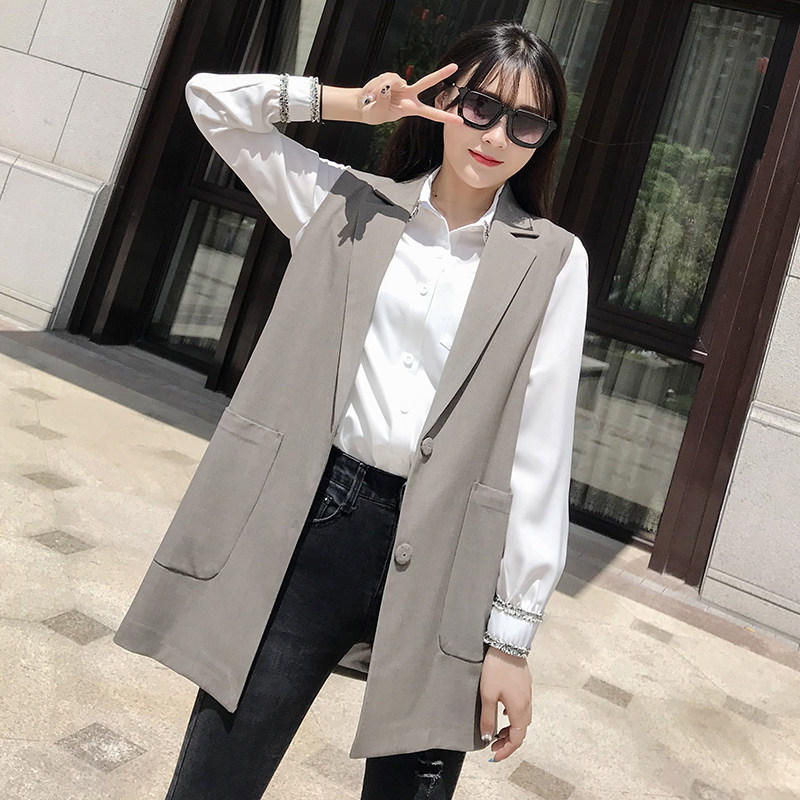 Lady Spring Autumn Lady Suit Vest vest Han version in Korean version with long version of waistcoat jacket small subblouse foreign pie Large size Shoulder Yard shoulder