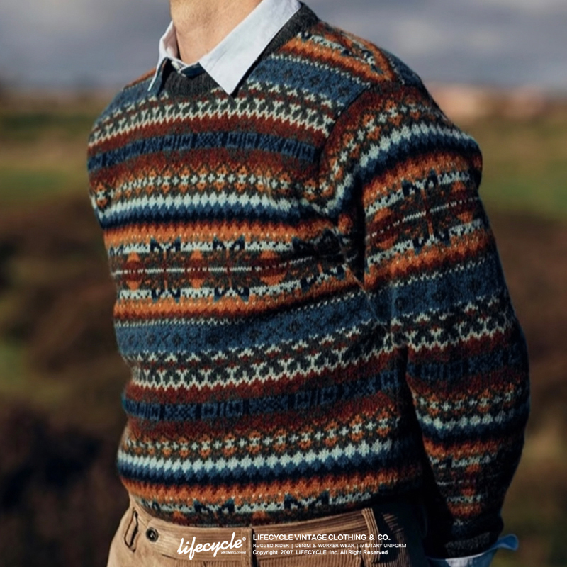 Lifecycle Retro Fair Isle Pattern Round Neck Pullover Warm Sweater Barn Style Wool Knitwear for Men and Women