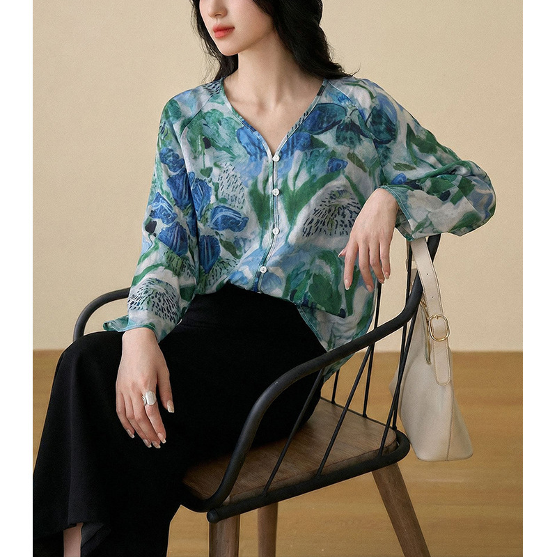 Elegant Commuting French Casual Style Cardigan Shirt 2026 New Ramie Tie-Dye Print Long Sleeve Shirt Women's Top