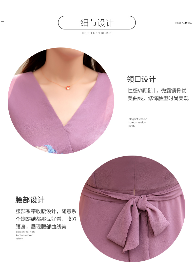 Đầm dự tiệc 2019 mùa hè mới của phụ nữ ngắn tay cổ chữ V thêu cổ điển trong đoạn dài Đầm voan nữ phổ biến - Váy eo cao 	váy tôn eo	